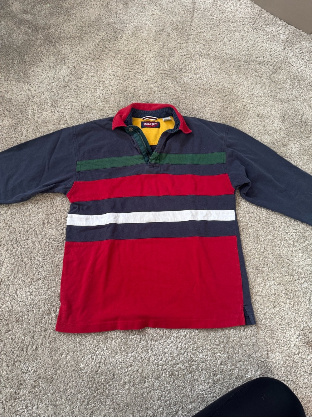 Vintage Bugle Boy Navy, Red, Green & White Striped Rugby Polo - Picture 2 of 4